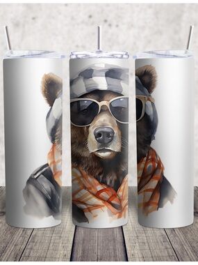 Hand Crafted Brown Bear Tumbler with Orange Scarf and Shades